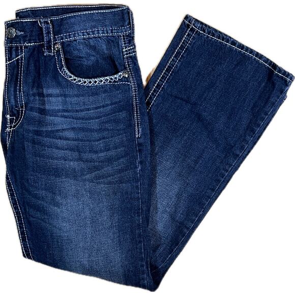 Axe & Crown Boot Fit Denim Jeans Men 38x32 Dark Wash Flap Pocket Contrast Stitch - Picture 1 of 14